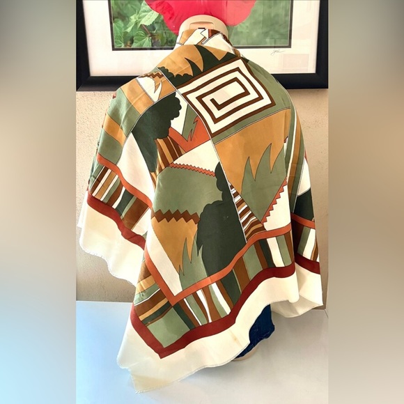 Vintage Fidan Scarf Cream Brown Rust And Green 46" x 46" Made in Turkey - Picture 2 of 8